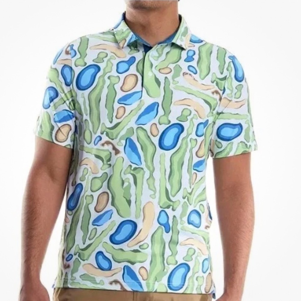 Good Good Golf Campo Polo Shirt Mens Large Green Blue Abstract Fairway Print